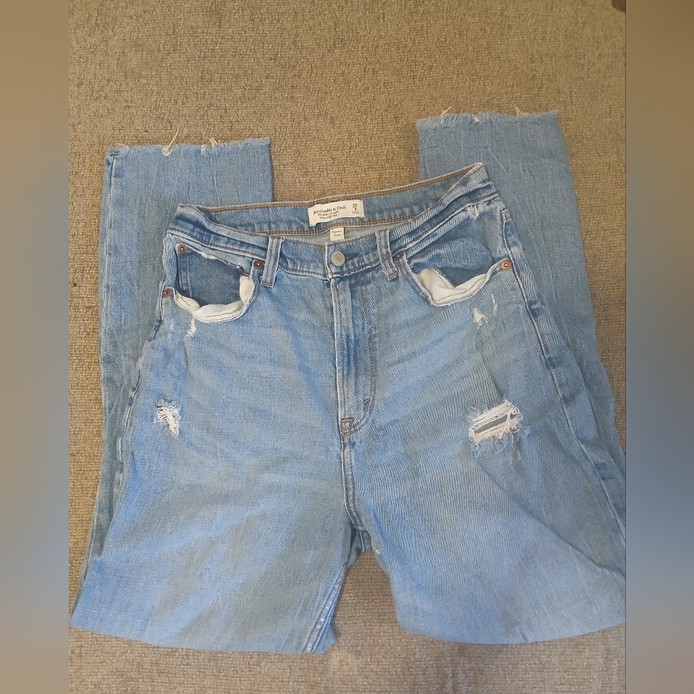 Abercrombie & Fitch Blue Distressed Straight Ankle Ultra High Rise Curve Love
